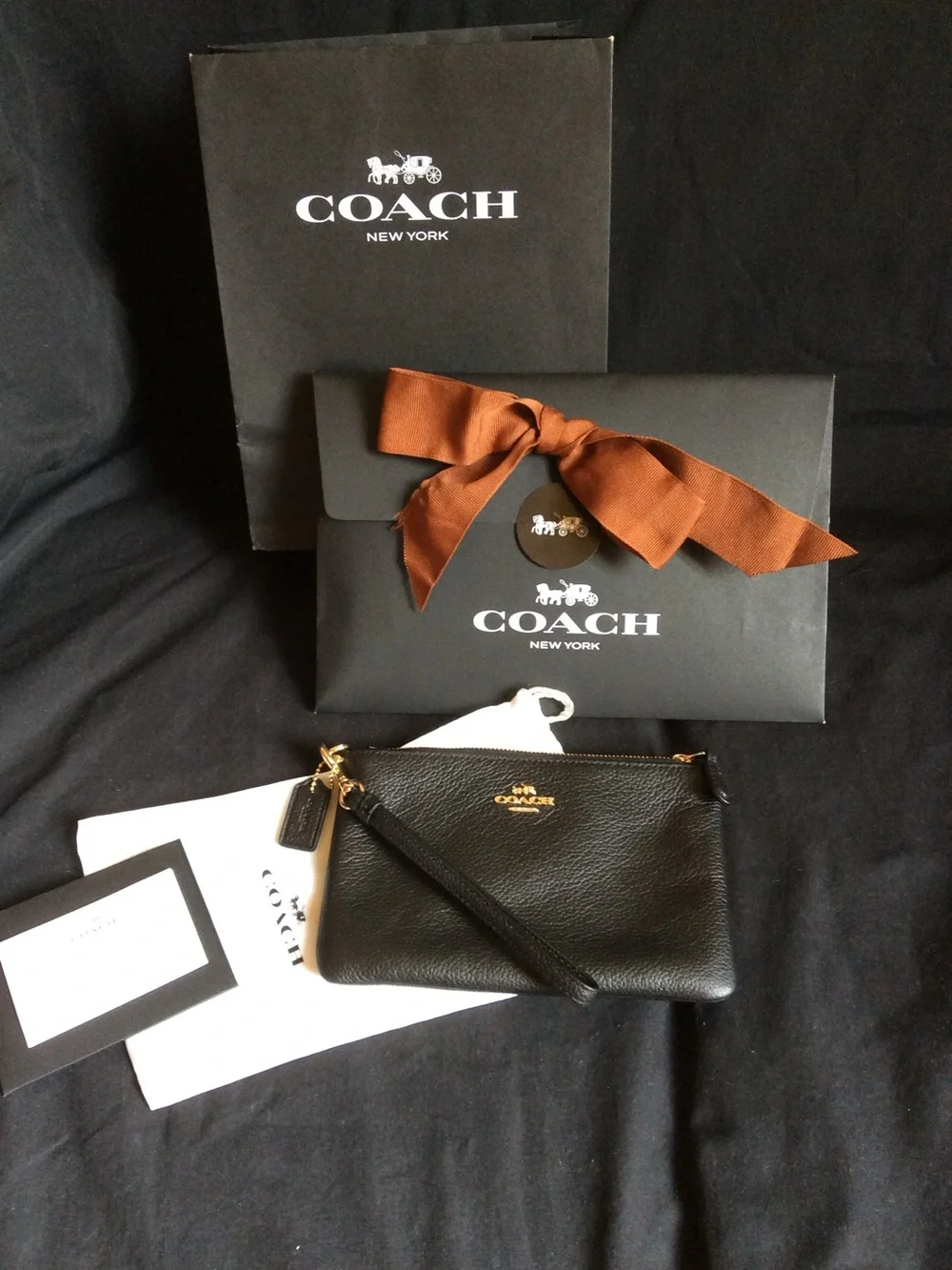 Coach Black Leather Wristlet with Gold Hardware